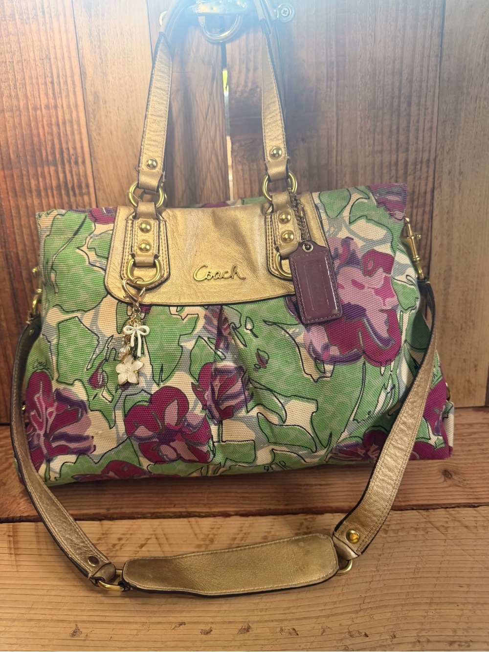 Coach Ashley Floral Art Satchel/Shoulder Bag with Gold Trim 💜💐💚